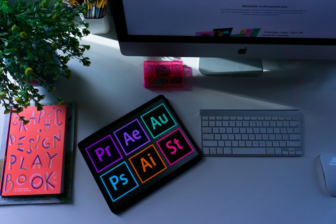 A graphic design workstation with a desktop computer
